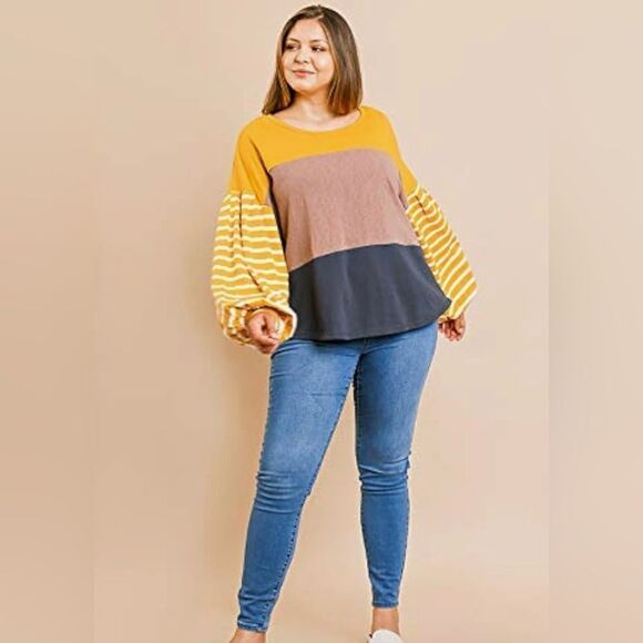 Umgee Yellow/Brown/Gray Long Puff Sleeve Color-block Striped Top 1XL - Picture 1 of 11